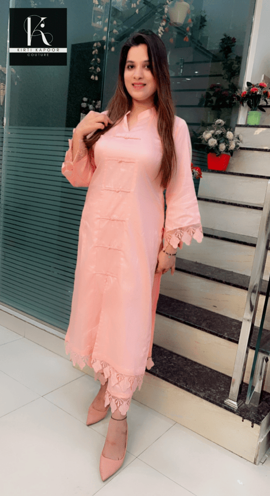 Peach - Pink Kurti and Pant Set (Cotton Lace - Work Highlighting) - Kirti Kapoor Couture
