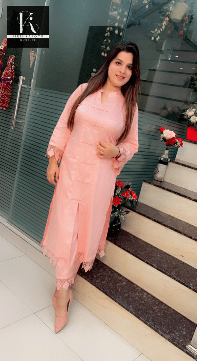 Peach - Pink Kurti and Pant Set (Cotton Lace - Work Highlighting) - Kirti Kapoor Couture