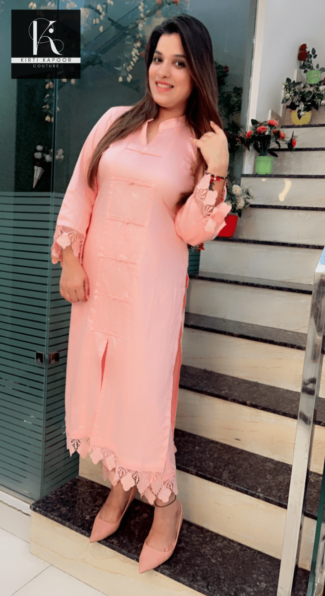 Peach - Pink Kurti and Pant Set (Cotton Lace - Work Highlighting) - Kirti Kapoor Couture