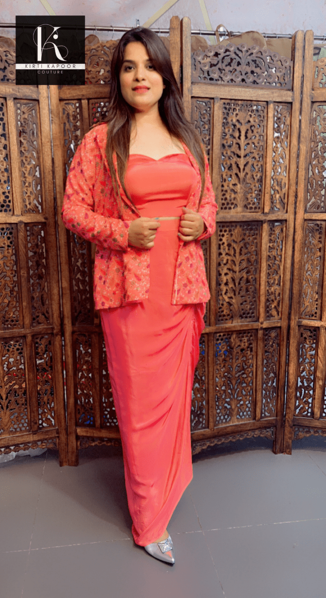 Peach Three - Piece Drape Dress with a Worked Fabric Jacket - Kirti Kapoor Couture