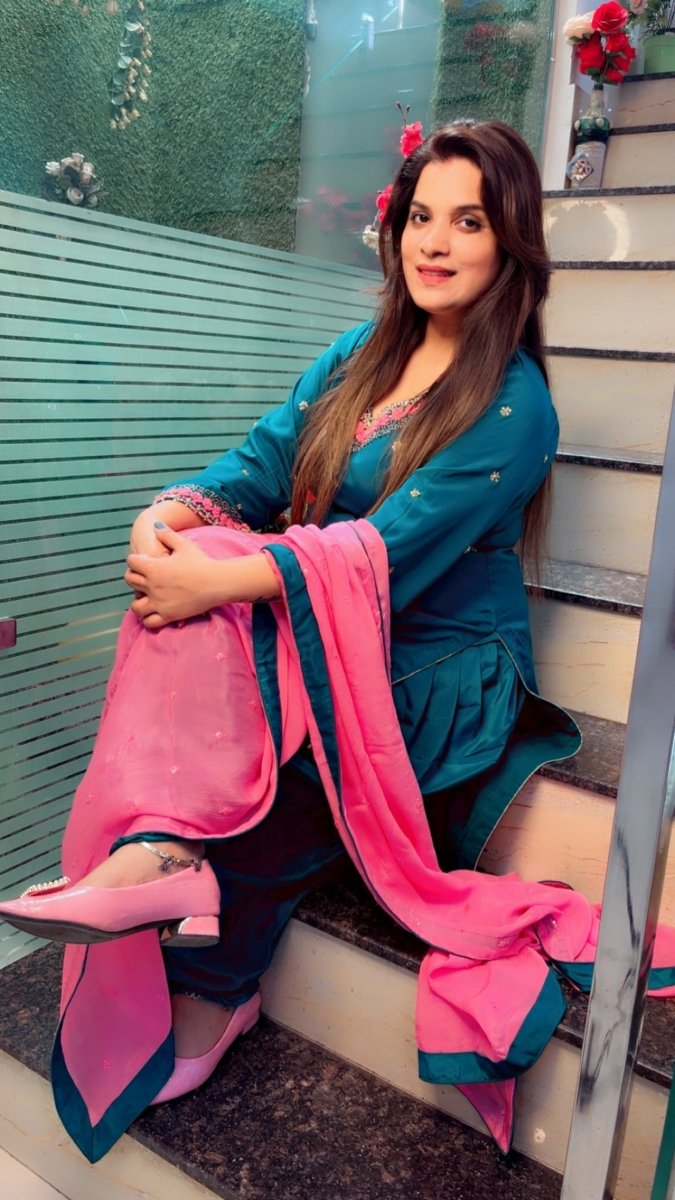 Peacock Hand - Embroidered Dhoti Salwar Suit with Contrasting Pink Dupatta - Kirti Kapoor Couture