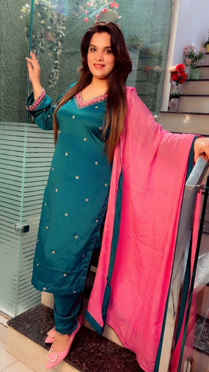 Peacock Hand - Embroidered Dhoti Salwar Suit with Contrasting Pink Dupatta - Kirti Kapoor Couture