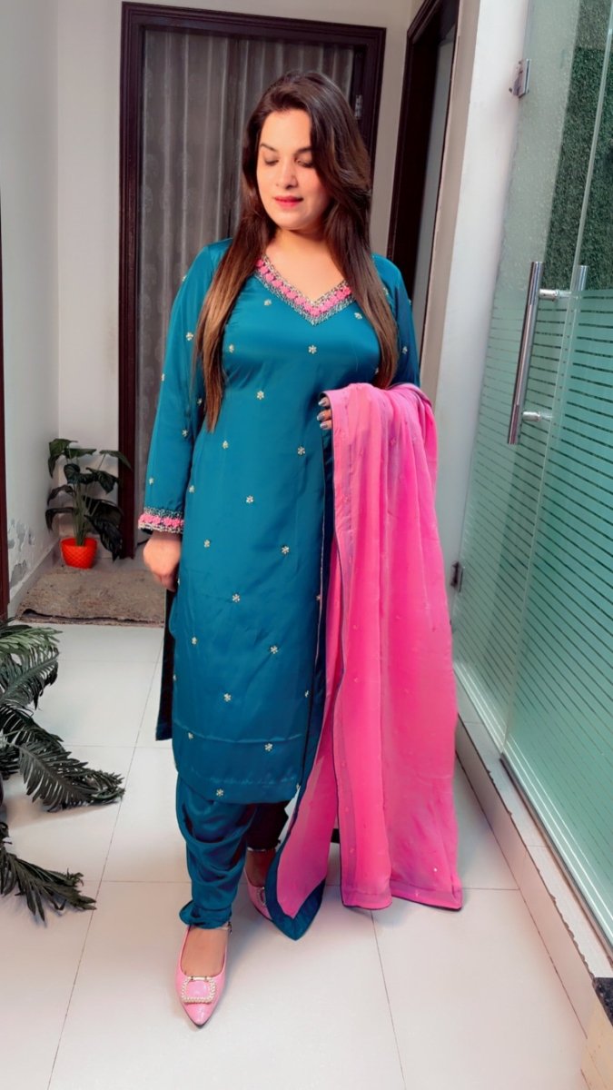 Peacock Hand - Embroidered Dhoti Salwar Suit with Contrasting Pink Dupatta - Kirti Kapoor Couture