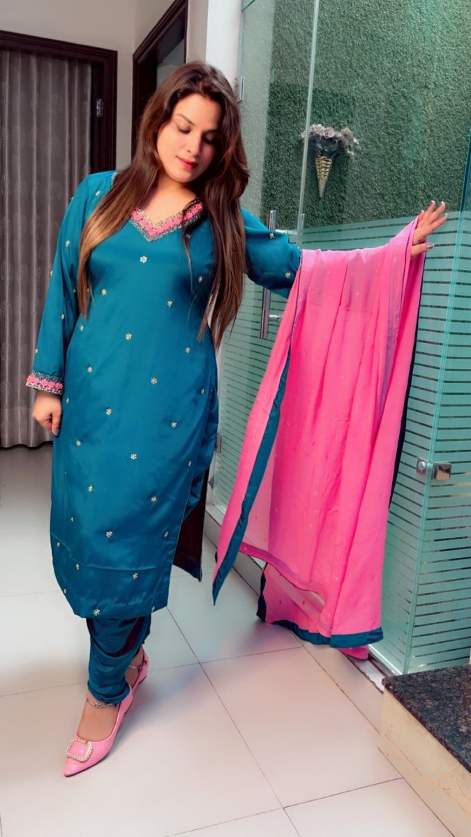 Peacock Hand - Embroidered Dhoti Salwar Suit with Contrasting Pink Dupatta - Kirti Kapoor Couture