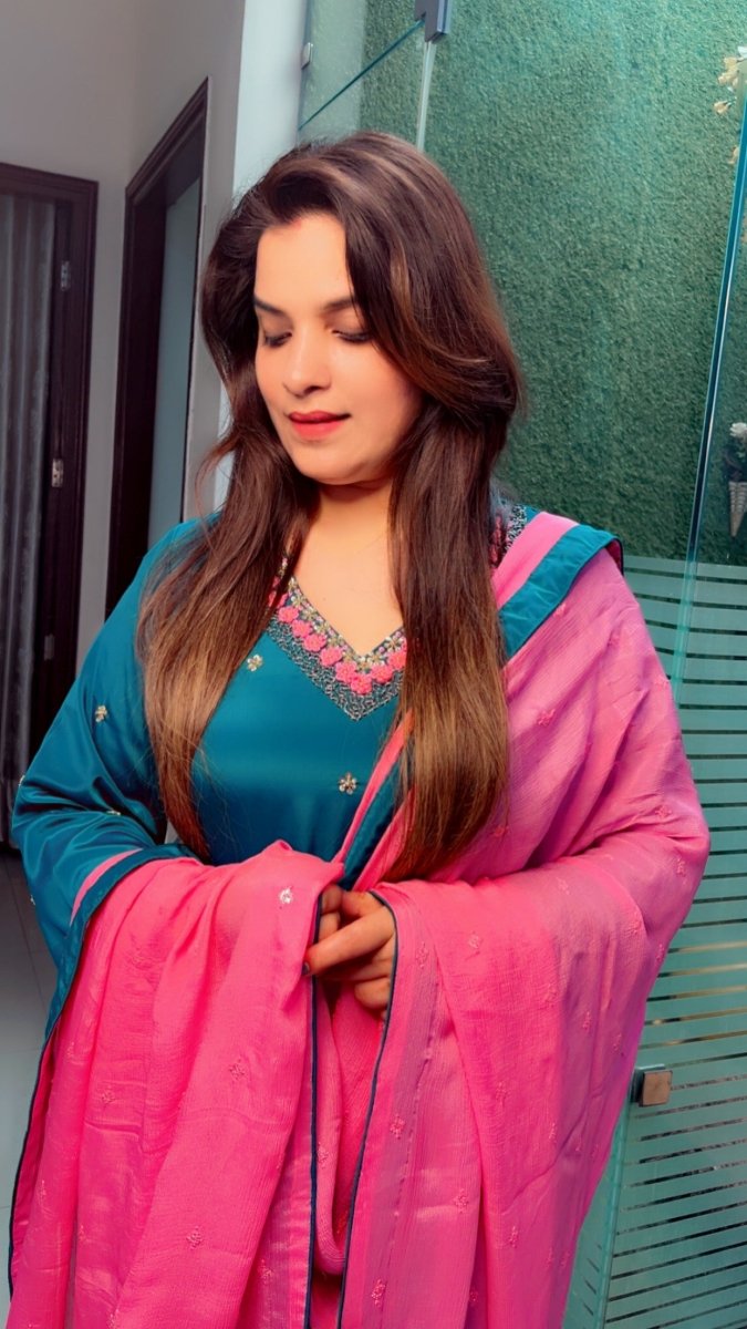 Peacock Hand - Embroidered Dhoti Salwar Suit with Contrasting Pink Dupatta - Kirti Kapoor Couture