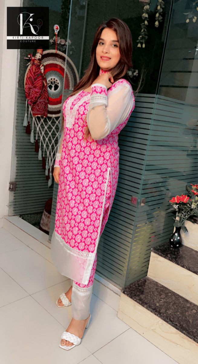 Pink Cotton Printed Kurti and Pant Set with Organza Designing - Kirti Kapoor Couture