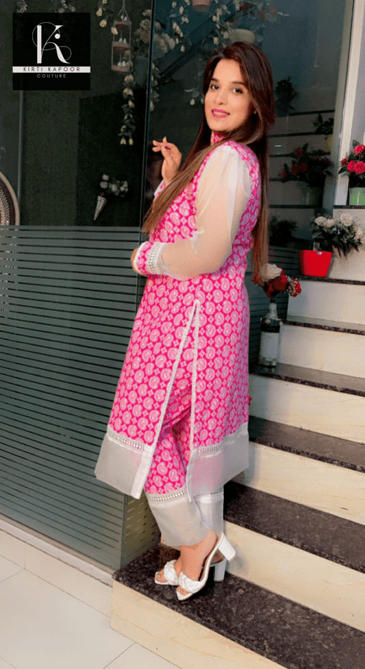 Pink Cotton Printed Kurti and Pant Set with Organza Designing - Kirti Kapoor Couture