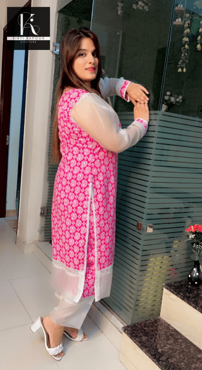 Pink Cotton Printed Kurti and Pant Set with Organza Designing - Kirti Kapoor Couture
