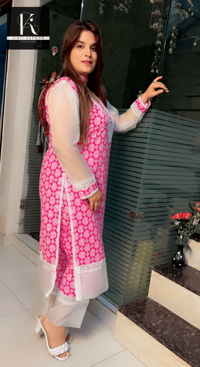 Pink Cotton Printed Kurti and Pant Set with Organza Designing - Kirti Kapoor Couture
