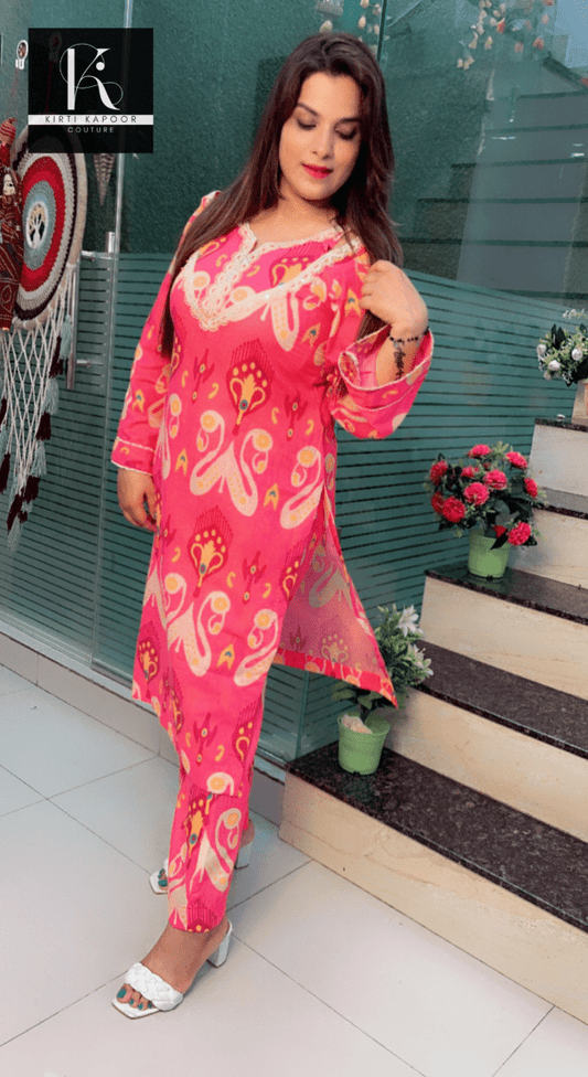 Pink Cotton Printed Kurti Set (V - neck with Lace) - Kirti Kapoor Couture