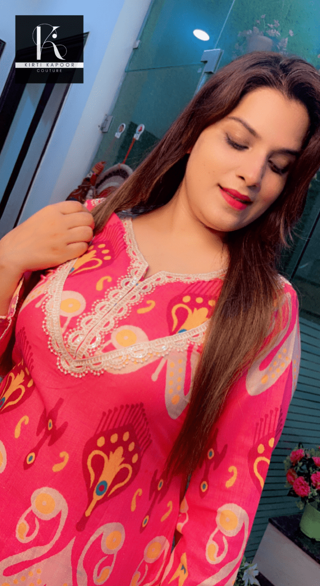 Pink Cotton Printed Kurti Set (V - neck with Lace) - Kirti Kapoor Couture
