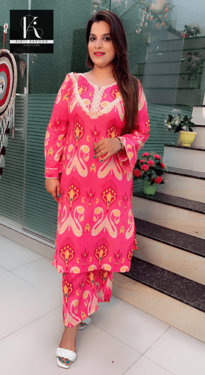 Pink Cotton Printed Kurti Set (V - neck with Lace) - Kirti Kapoor Couture
