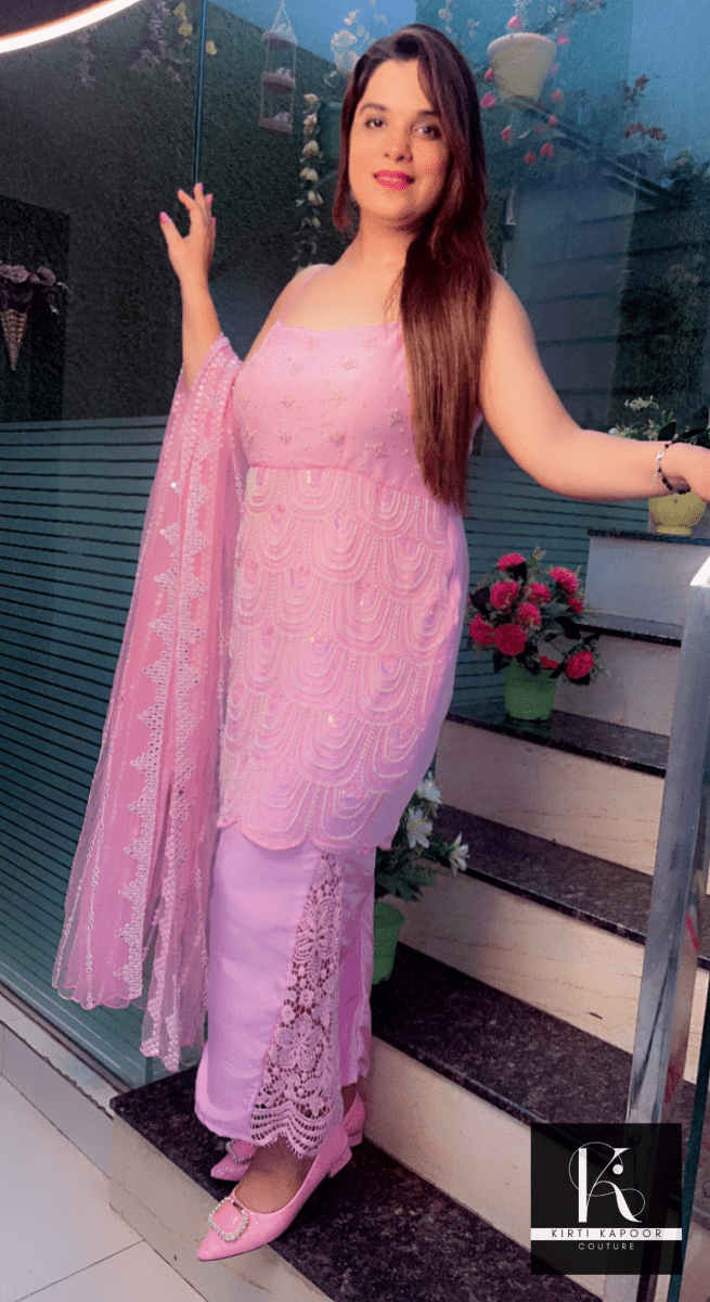 Pink Embroidered Suit with Designer Pant and Dupatta - Kirti Kapoor Couture