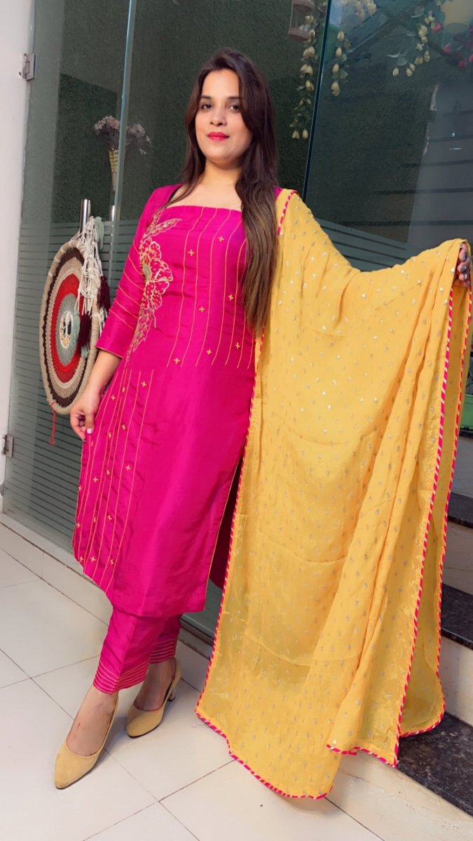 Pink Embroidered Suit with Yellow Worked Dupatta (Anchor Thread - Work) - Kirti Kapoor Couture