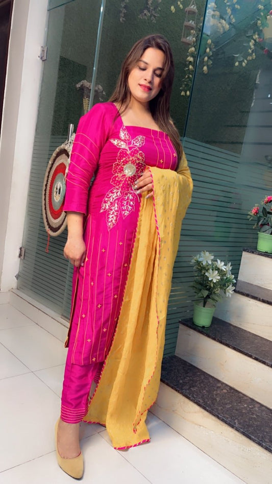 Pink Embroidered Suit with Yellow Worked Dupatta (Anchor Thread - Work) - Kirti Kapoor Couture