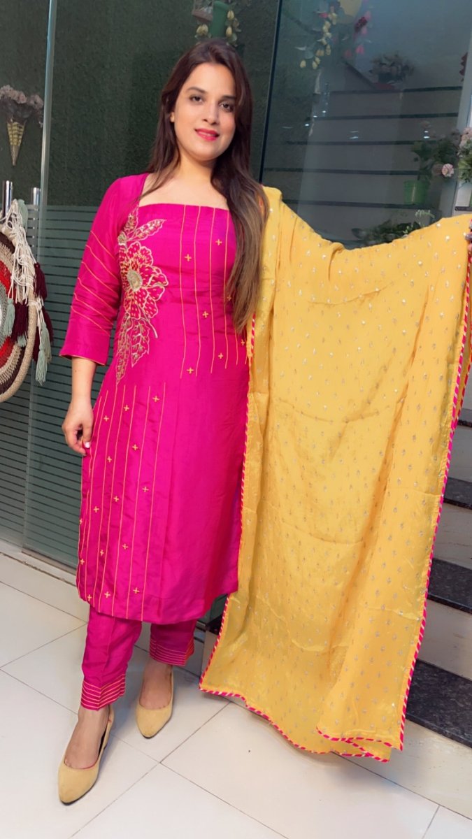Pink Embroidered Suit with Yellow Worked Dupatta (Anchor Thread - Work) - Kirti Kapoor Couture