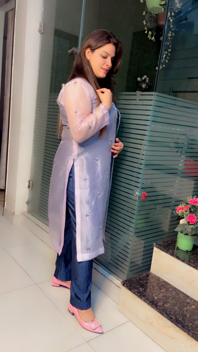Pink Hand - Embroidered Kota Jacket with Contrasting Blue Pant & Shirt - Kirti Kapoor Couture