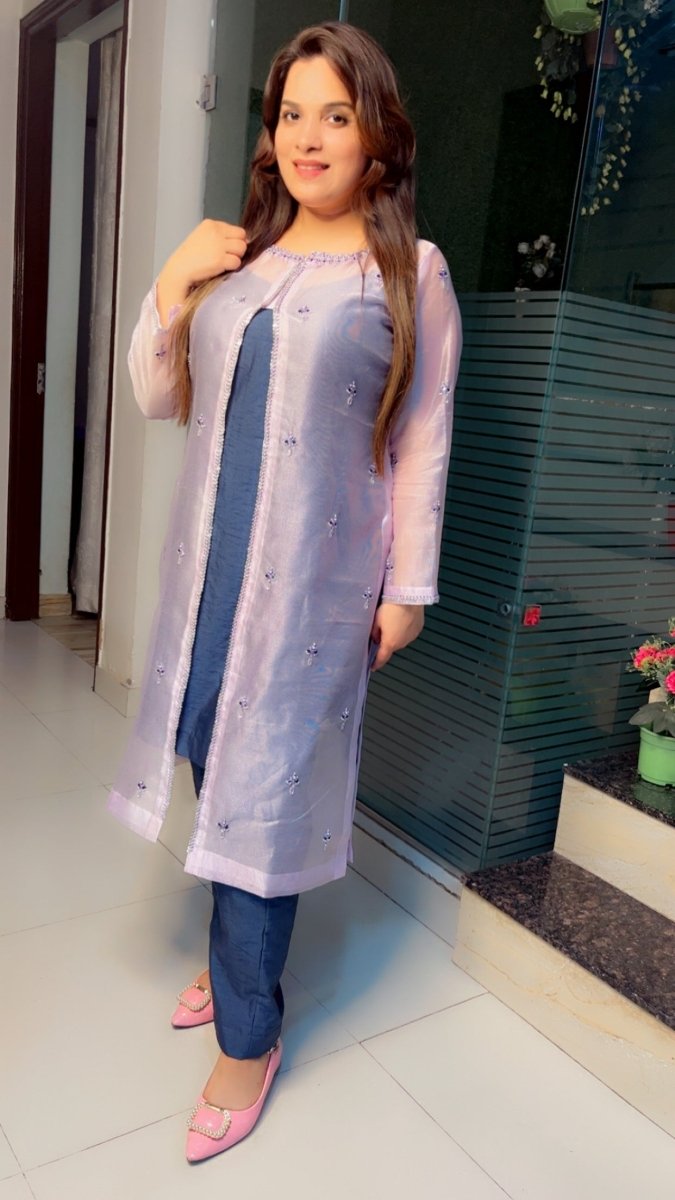 Pink Hand - Embroidered Kota Jacket with Contrasting Blue Pant & Shirt - Kirti Kapoor Couture