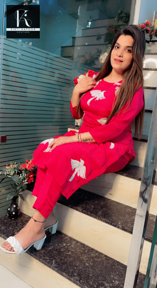 Pink Hand - Embroidered Shirt and Pant Set (Birds Design) - Kirti Kapoor Couture