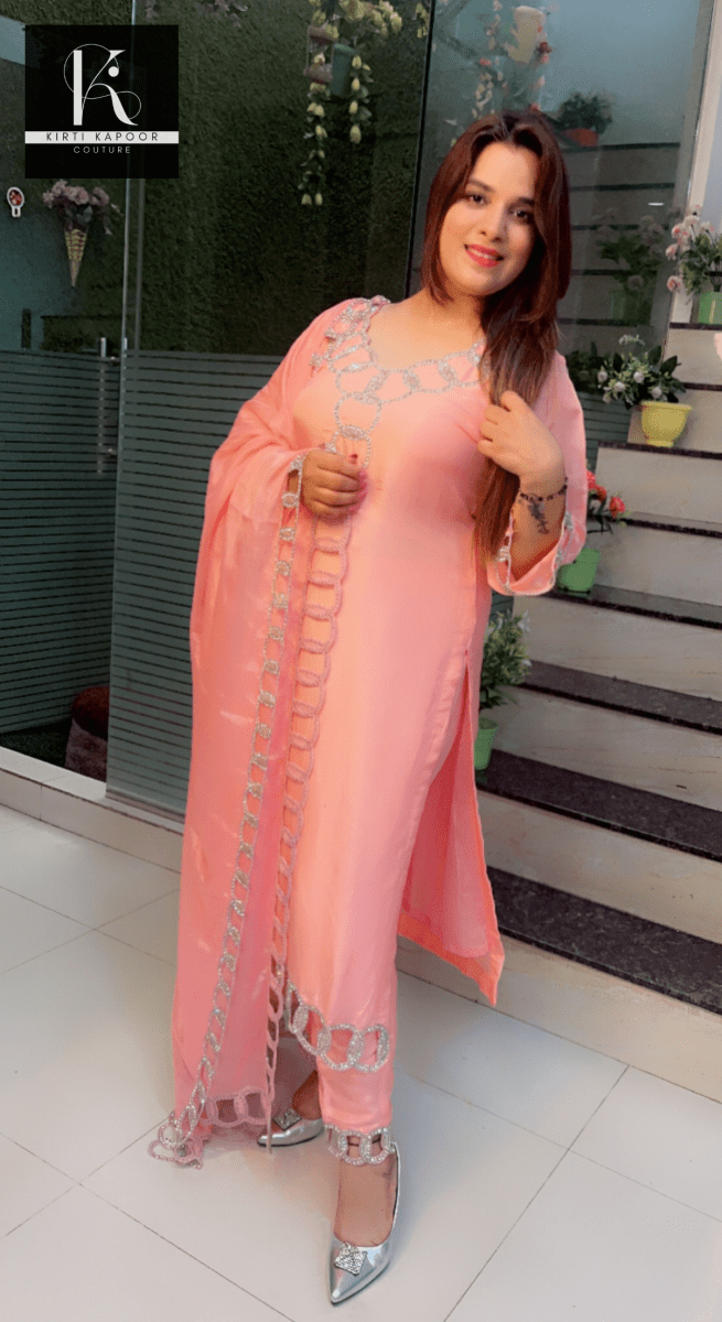 Pink Hand - Embroidered Suit with Silver Work Overall - Kirti Kapoor Couture