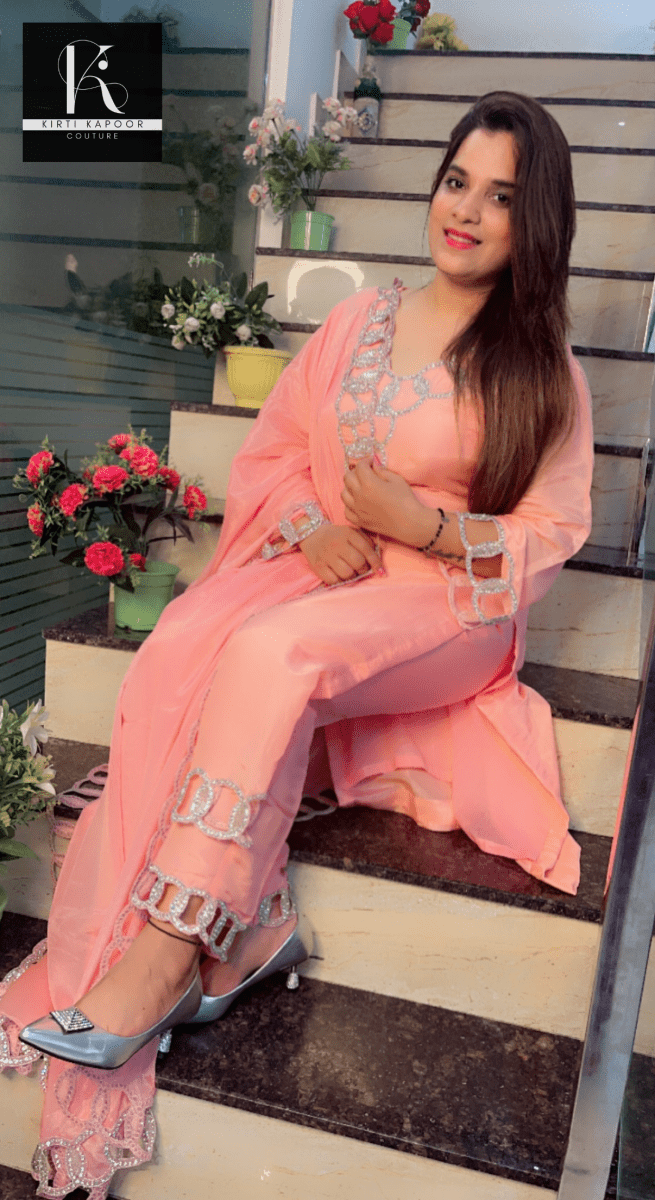Pink Hand - Embroidered Suit with Silver Work Overall - Kirti Kapoor Couture