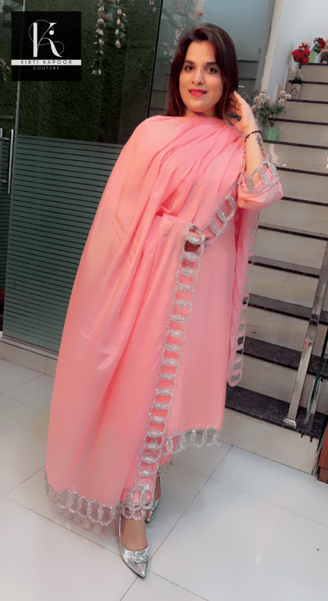 Pink Hand - Embroidered Suit with Silver Work Overall - Kirti Kapoor Couture