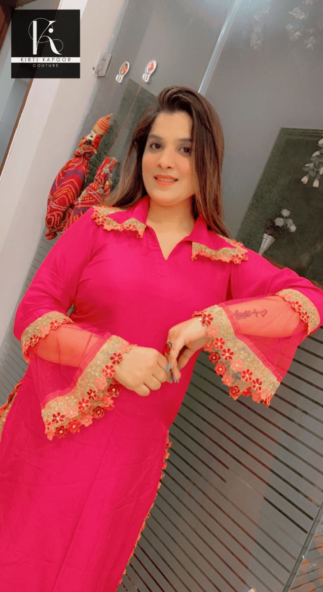 Pink Kurti - Pant Set with Organza and Lace Highlighting - Kirti Kapoor Couture