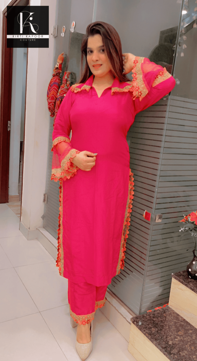 Pink Kurti - Pant Set with Organza and Lace Highlighting - Kirti Kapoor Couture
