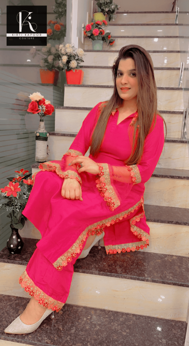 Pink Kurti - Pant Set with Organza and Lace Highlighting - Kirti Kapoor Couture