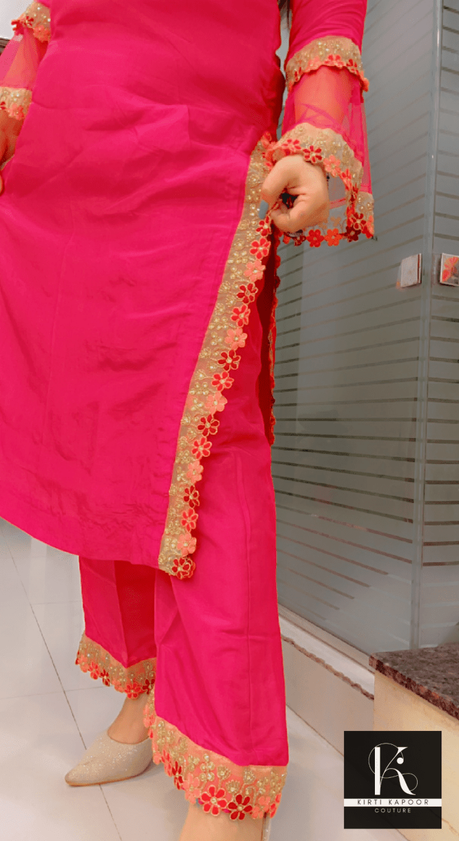Pink Kurti - Pant Set with Organza and Lace Highlighting - Kirti Kapoor Couture