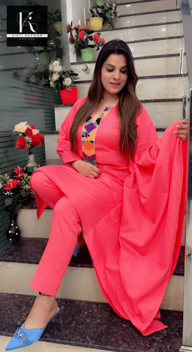 Pink One - Sided Kaftan Set (Multi - Colored Patch) - Kirti Kapoor Couture