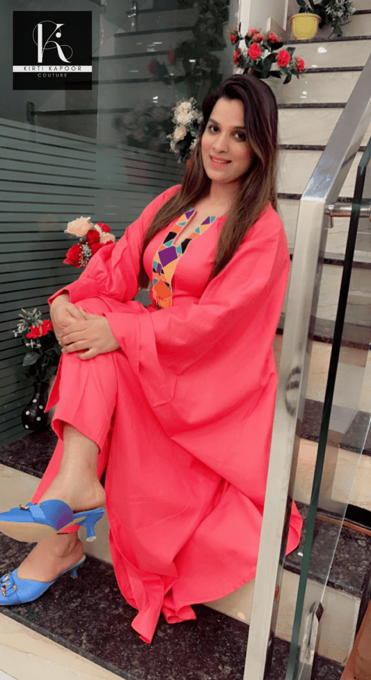Pink One - Sided Kaftan Set (Multi - Colored Patch) - Kirti Kapoor Couture