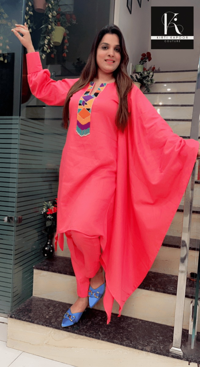 Pink One - Sided Kaftan Set (Multi - Colored Patch) - Kirti Kapoor Couture