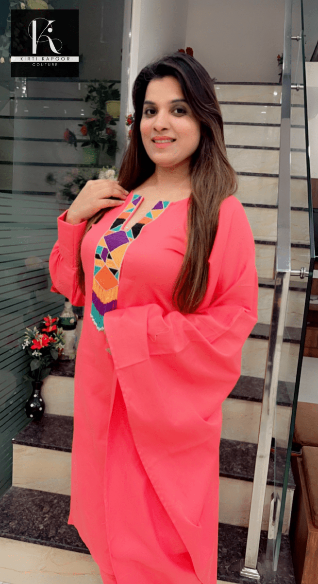 Pink One - Sided Kaftan Set (Multi - Colored Patch) - Kirti Kapoor Couture