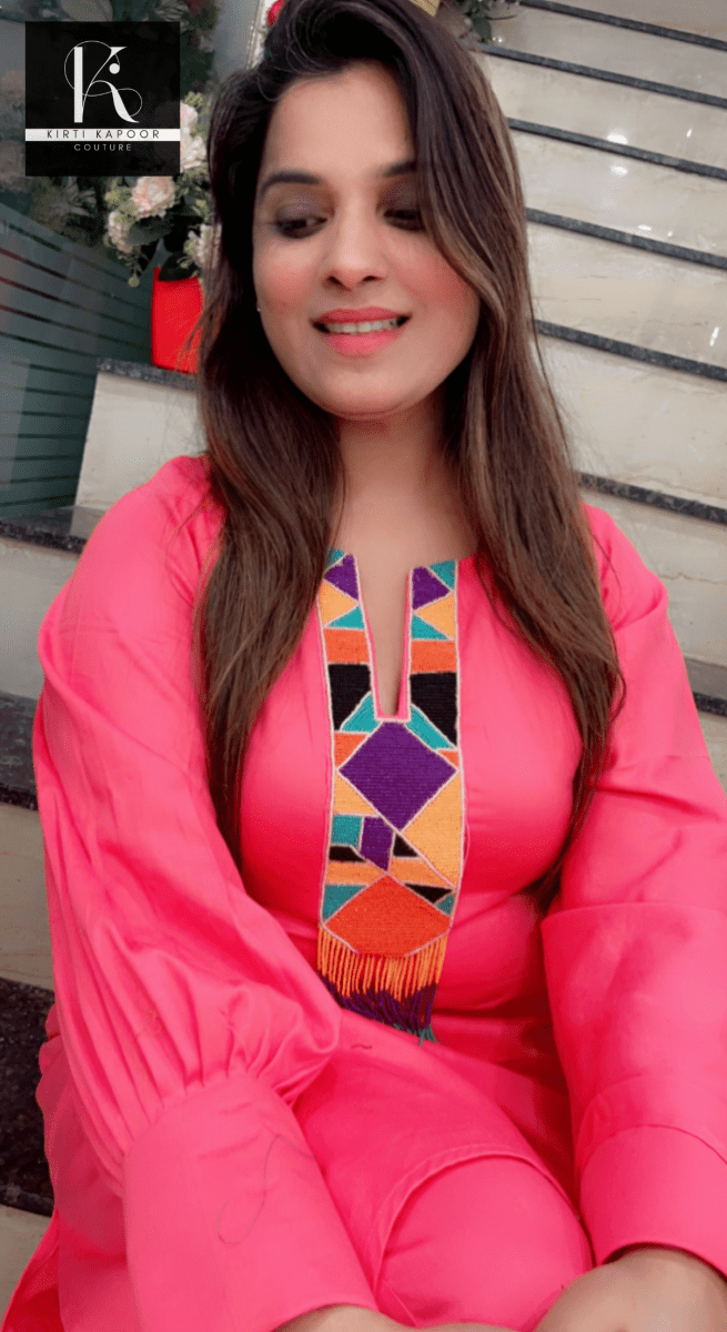 Pink One - Sided Kaftan Set (Multi - Colored Patch) - Kirti Kapoor Couture