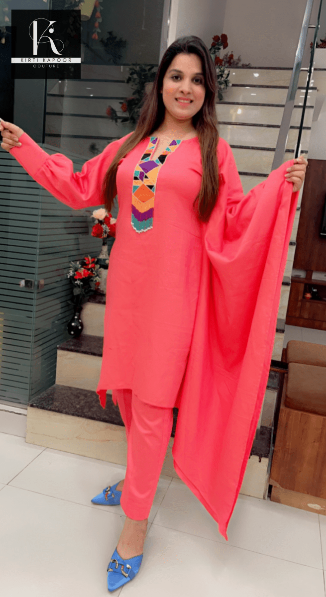 Pink One - Sided Kaftan Set (Multi - Colored Patch) - Kirti Kapoor Couture