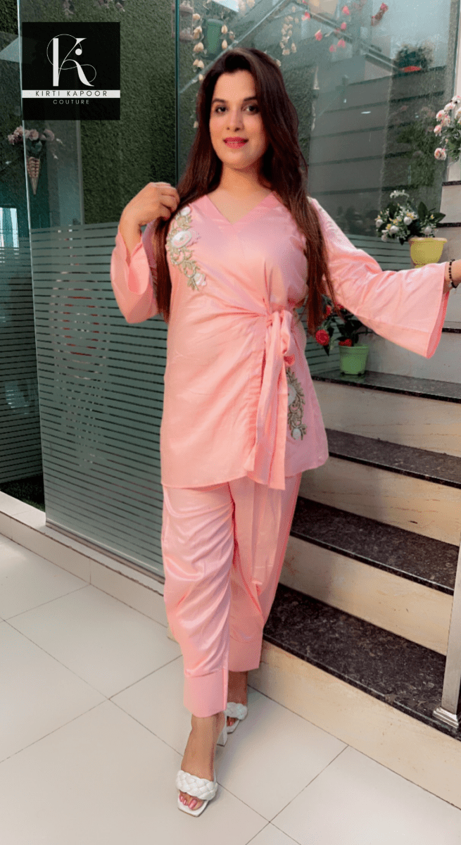 Pink Straight Salwar and Shirt Set with Embroidered Patches - Kirti Kapoor Couture