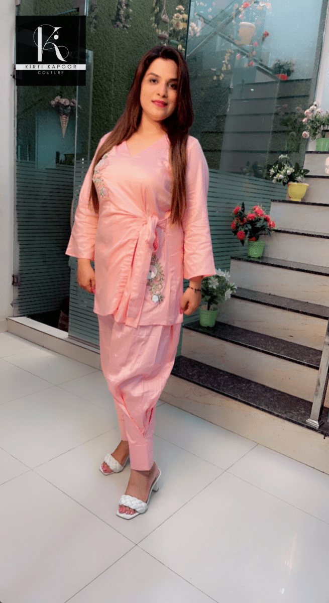 Pink Straight Salwar and Shirt Set with Embroidered Patches - Kirti Kapoor Couture