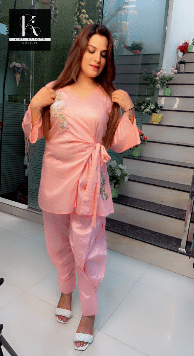 Pink Straight Salwar and Shirt Set with Embroidered Patches - Kirti Kapoor Couture