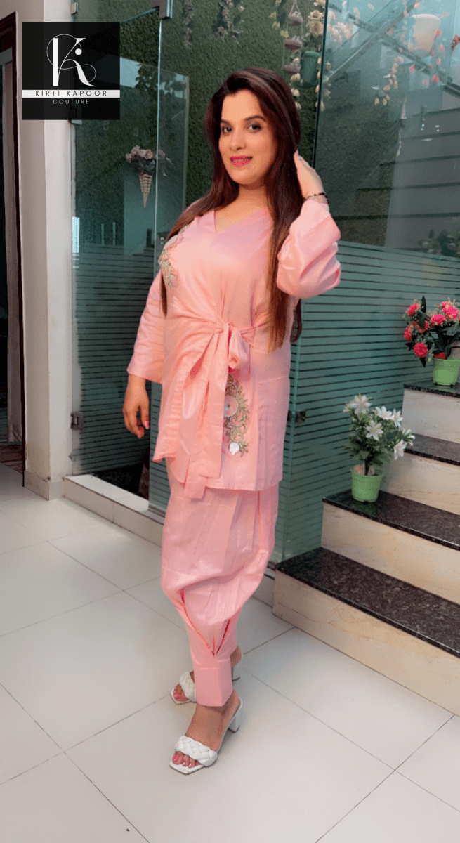 Pink Straight Salwar and Shirt Set with Embroidered Patches - Kirti Kapoor Couture