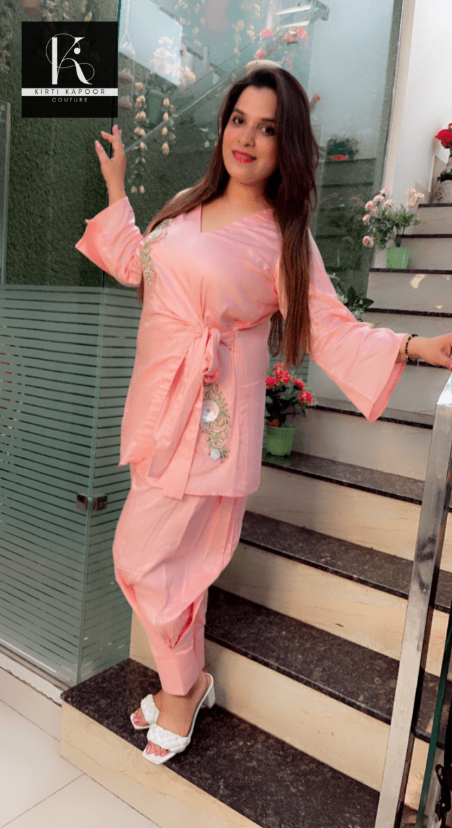 Pink Straight Salwar and Shirt Set with Embroidered Patches - Kirti Kapoor Couture