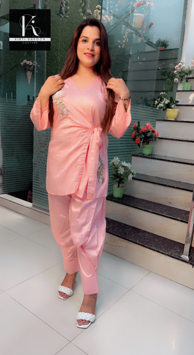 Pink Straight Salwar and Shirt Set with Embroidered Patches - Kirti Kapoor Couture