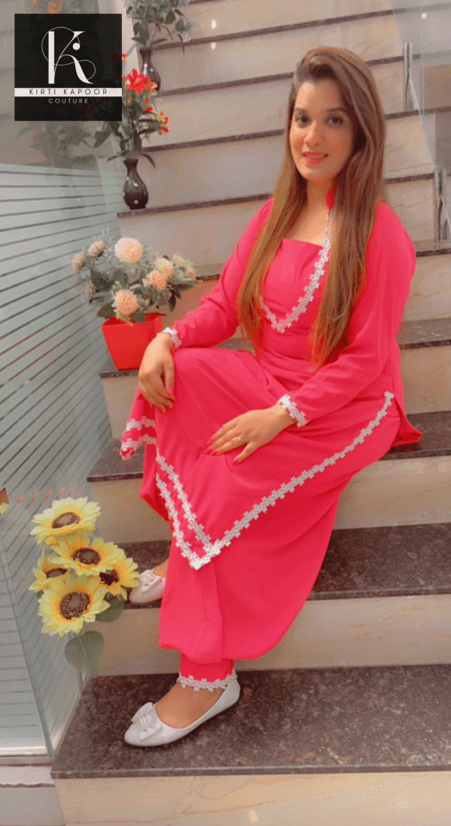 Pink Suit | Crepe | White Floral Lace | Designer Organza Dupatta. - Kirti Kapoor Couture