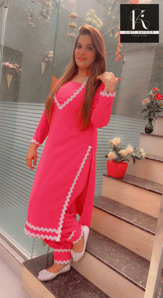 Pink Suit | Crepe | White Floral Lace | Designer Organza Dupatta. - Kirti Kapoor Couture