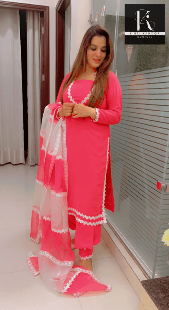 Pink Suit | Crepe | White Floral Lace | Designer Organza Dupatta. - Kirti Kapoor Couture