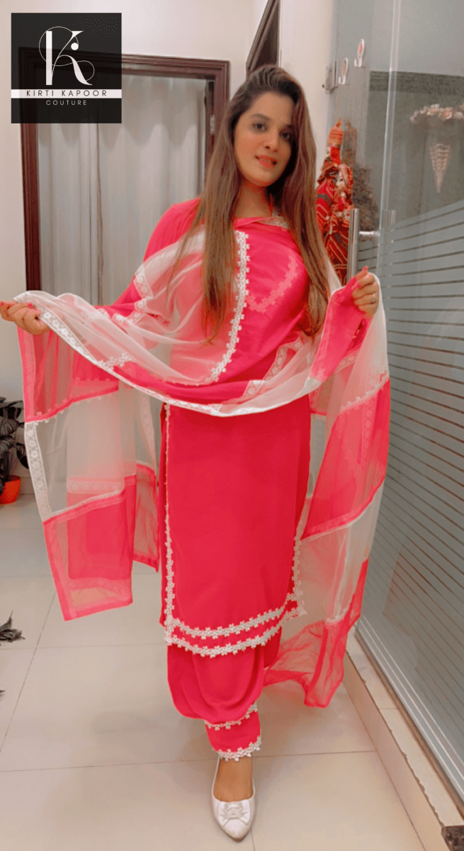 Pink Suit | Crepe | White Floral Lace | Designer Organza Dupatta. - Kirti Kapoor Couture