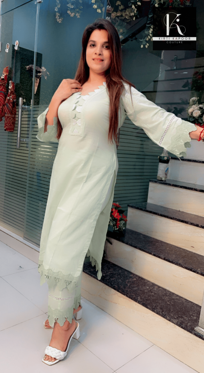 Pista Colored Designer Kurti with Pants - Kirti Kapoor Couture
