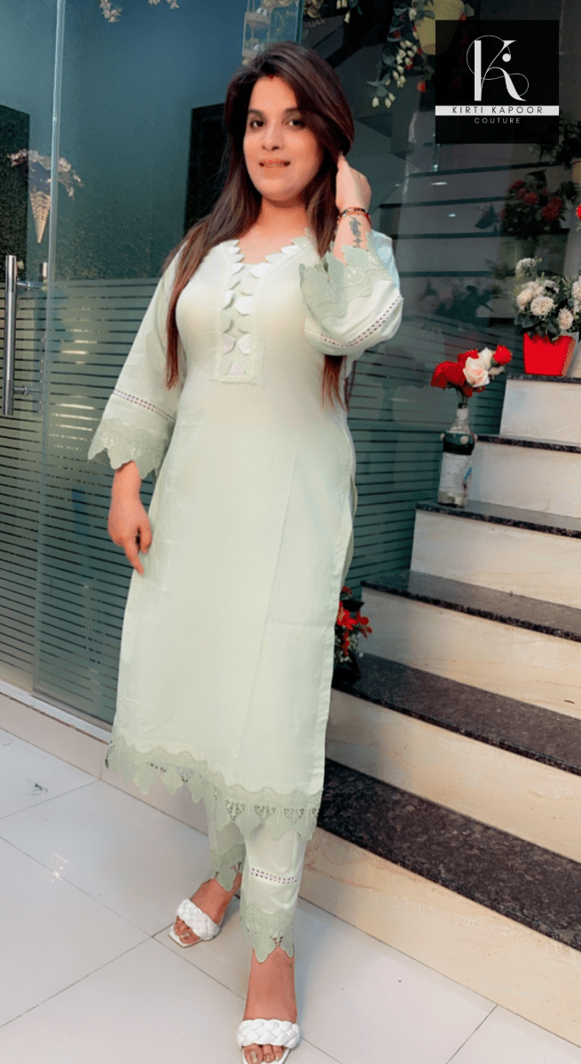 Pista Colored Designer Kurti with Pants - Kirti Kapoor Couture