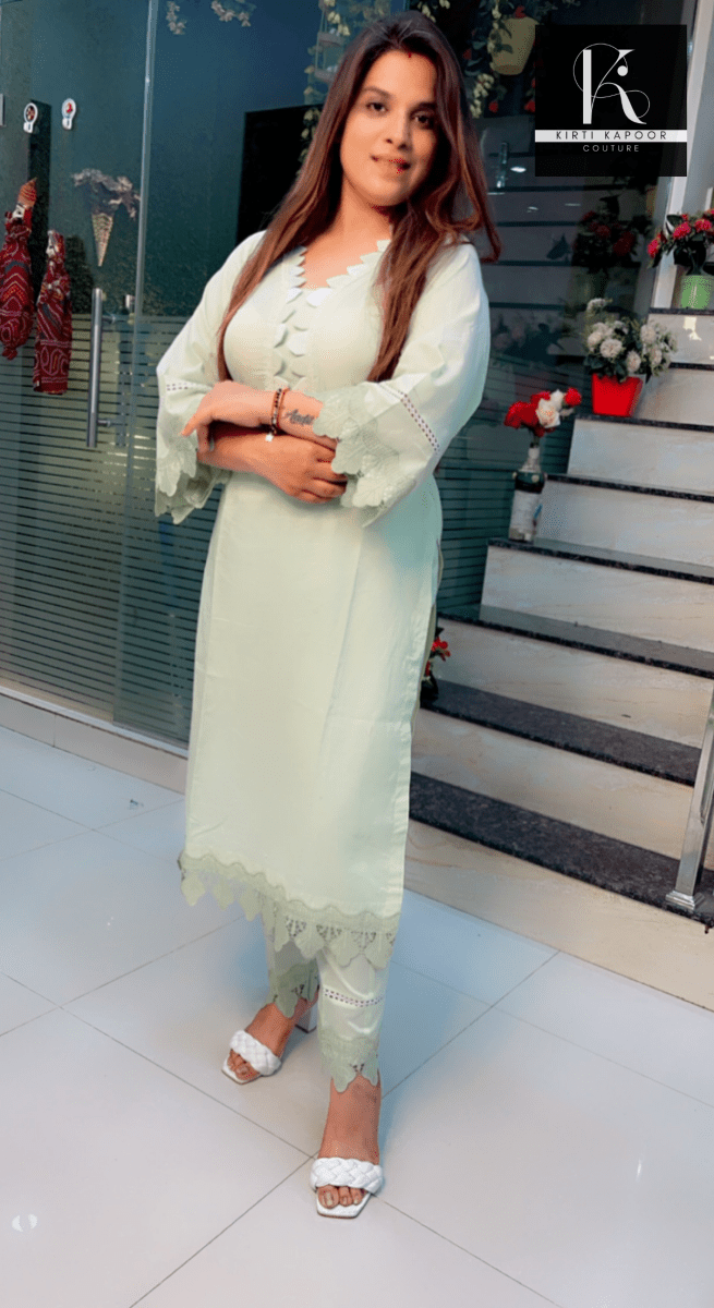 Pista Colored Designer Kurti with Pants - Kirti Kapoor Couture