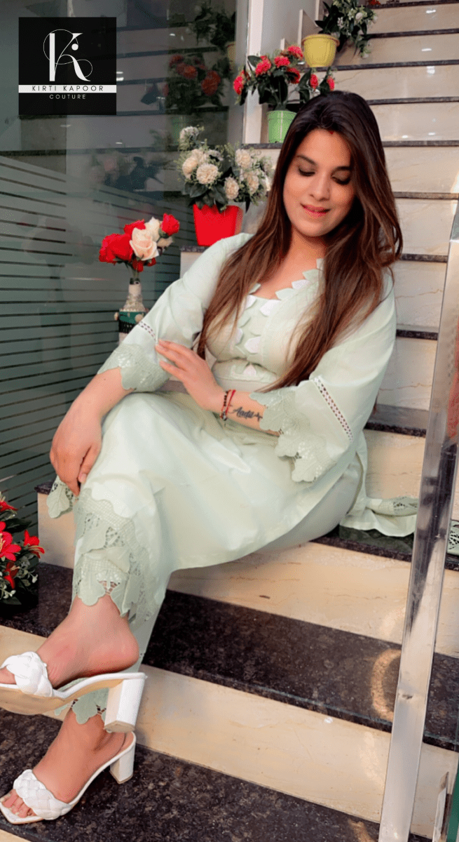 Pista Colored Designer Kurti with Pants - Kirti Kapoor Couture